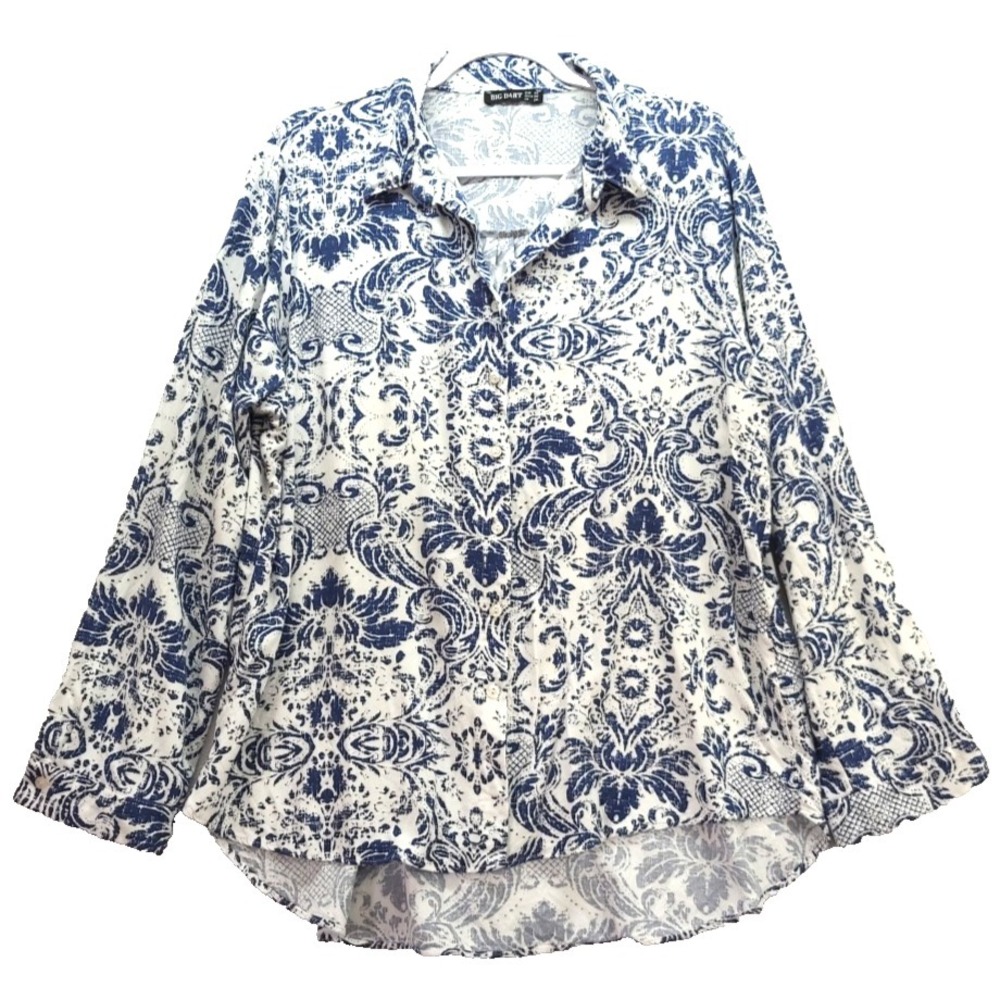 Big Dart Blue White Floral  Grecian Design Sz 2X Button Up Whimsigoth Fairy Boho